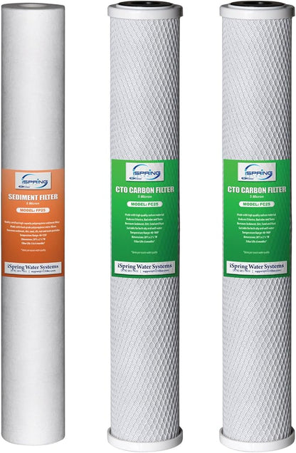 iSpring Whole House Water Filter System, Reduces Chlorine, Sediment, Taste, Odor, 3-Stage Whole House Water Filtration System w/ 20"x2.5" Water Filters and Clear 1st-Stage Housing, Model: WCB32C | Replacement Sediment Two Carbon Block Cartridges Fits W...