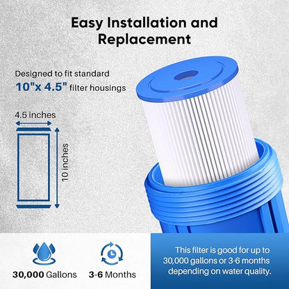 PUREPLUS 5 Micron 10" x 4.5" Whole House Pleated Sediment Filter for Well Water, Replacement Cartridge for GE FXHSC, Culligan R50-BBSA, Pentek R50-BB, DuPont WFHDC3001, W50PEHD, GXWH40L, 3Pack