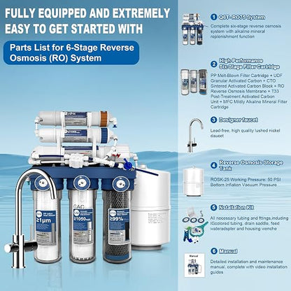 Level 6 RO Reverse Osmosis Filtration System—Under-Sink Water Purifier + 6 Filter Cartridges (Includes Faucet and Storage Tank), Featuring pH Adjustment and Mineral Replenishment, 100 GDP