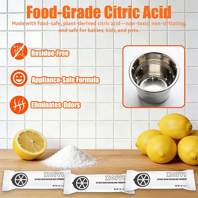 xcivi 10PCS Citric Acid Descaling Powder for Stainless Steel Humidifier | Single 28g Sachet, One-step Clean, Multi-use for Kettle Distiller, Gentle Safe Formula, Cost-effective Sufficient Supply