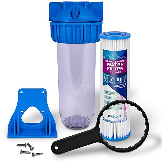 10" Clear Standard Transparent Whole House Water Filter System with Presser Relief Button, 3/4” Inlet/Outlet Brass Port & 5 Micron Pleated Sediment Water Cartridge, Meets NSF Standards & Regulations