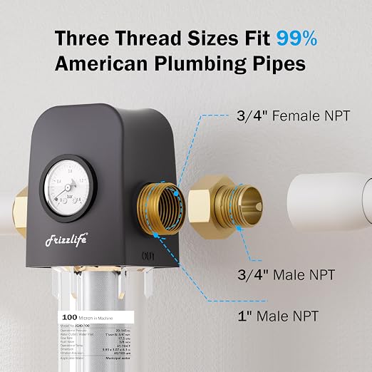 Frizzlife 40/100 Micron Spin Down Sediment Water Filter with Built-in Scraper & Pressure Display, Reusable Whole House Pre-Filter for City/Well Water, Washing Machine, Flushable, BPA Free, 1"&3/4" NPT
