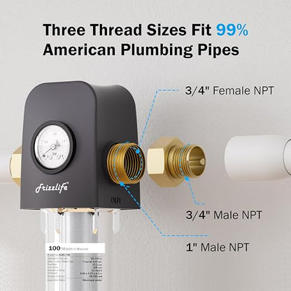 Frizzlife 40/100 Micron Spin Down Sediment Water Filter with Built-in Scraper & Pressure Display, Reusable Whole House Pre-Filter for City/Well Water, Washing Machine, Flushable, BPA Free, 1"&3/4" NPT