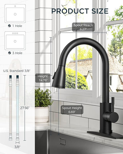 FORIOUS LED Kitchen Faucet with Pull Down Sprayer, Black Single Handle Stainless Steel Traditional Sink Faucets with LED Light Sprayer Head, Suitable for Farmhouse Laundry Camper Rv Bar