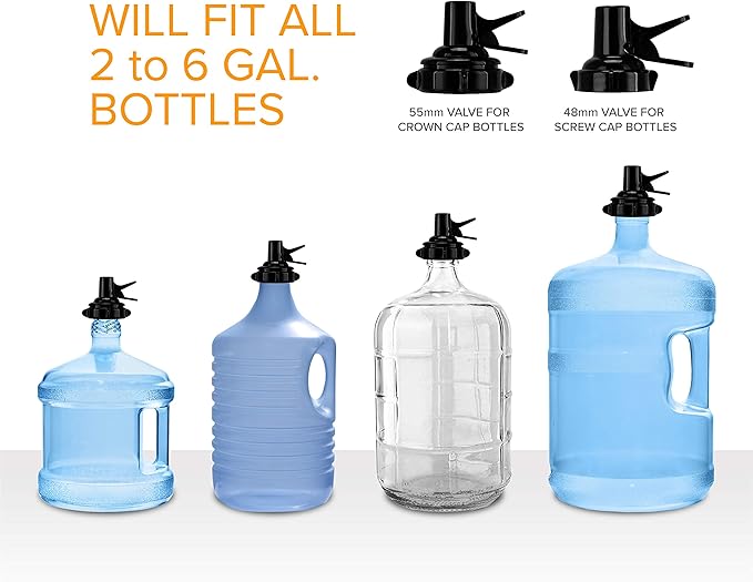 Brio Stainless Steel 3-5 Gallon Water Jug Stand and 2 Dispenser Valves, Rust-Resistant Non Slip Water Stand with BPA Free Fast Flow Water Spout Fits BOTH 48mm and 55mm Bottles 2 CAPS INCLUDED (Black)