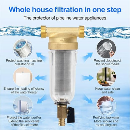 Whole House Water Filter, 40-50 Micron Spin Down Sediment Prefilter System, 1" MNPT + 3/4" FNPT,BPA-Free Lead-Free Heavy Duty Brass