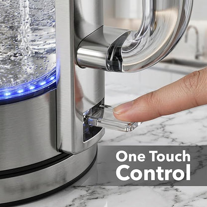 OVENTE Electric Kettle, 1.7L Double Wall Glass Tea Kettle with Stainless Steel Base, Acrylic Handle, 1500W Cordless Fast Boil Borosilicate Water Boiler, Easy Fill Lid & Auto Shut-Off, Silver KG912S