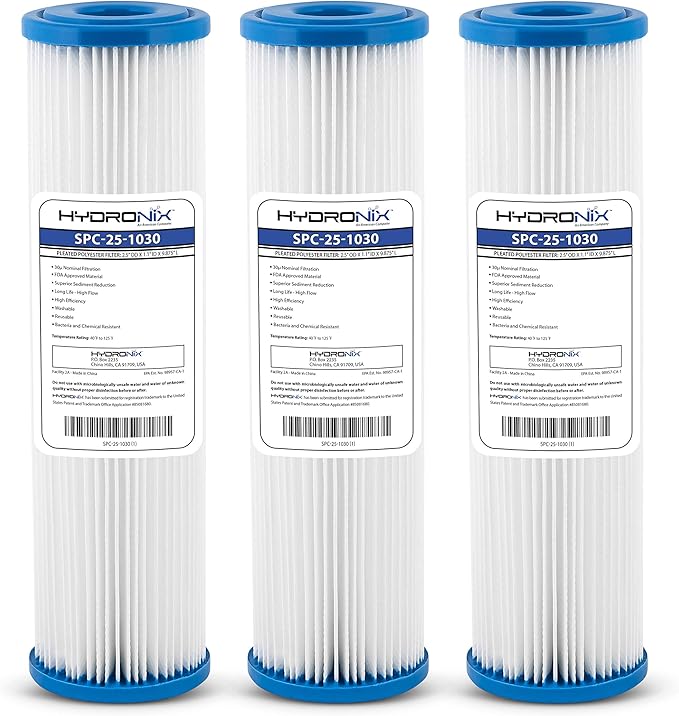 Hydronix HX-SPC-25-1030/3 Universal Whole House Sediment Pleated Water Filter Washable Reusable 2.5" x 10", 30 Micron 3 Pack, White
