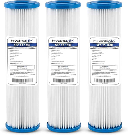 Hydronix HX-SPC-25-1030/3 Universal Whole House Sediment Pleated Water Filter Washable Reusable 2.5" x 10", 30 Micron 3 Pack, White