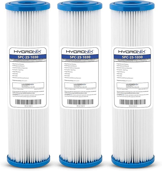 Hydronix HX-SPC-25-1030/3 Universal Whole House Sediment Pleated Water Filter Washable Reusable 2.5" x 10", 30 Micron 3 Pack, White