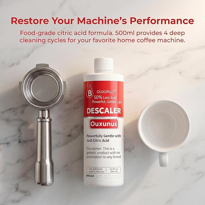 Gentle Descaling Solution Compatible with Breville Coffee Machines, 16.9 fl Oz Professional Formula for Hard Water & Well Users, （4 Uses Descaler）