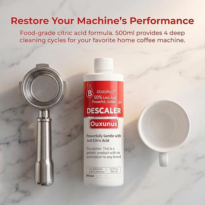 Gentle Descaling Solution Compatible with Breville Coffee Machines, 16.9 fl Oz Professional Formula for Hard Water & Well Users, （4 Uses Descaler）
