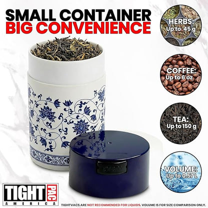 Tightpac Teavac 6-Ounce Vacuum Sealed Tea Storage Container, Blue Cap and White Body/Floral Design