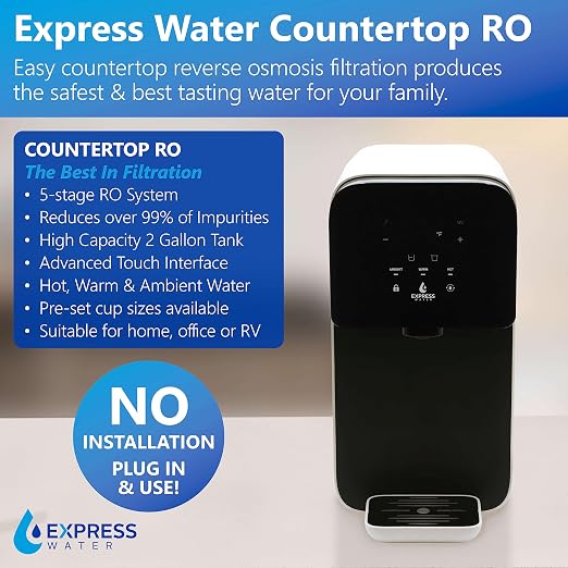 Express Water ROC001 UV Countertop Water Filter System – Hot, Room, Ambient Reverse Osmosis – 5 Stage RO Water Filter System with UV Water Purifier – No Installation Required