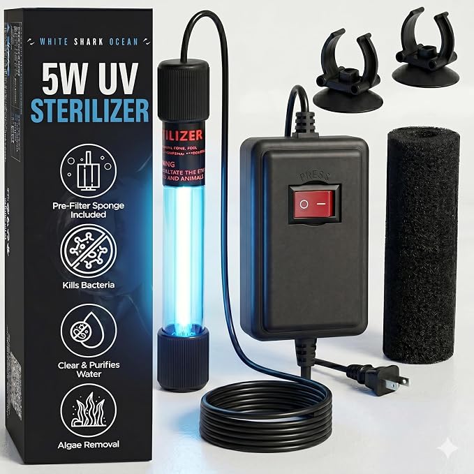Aquarium UV-C Light 5W – Submersible UV Clarifier for Freshwater & Saltwater Tanks, Sumps & Small Ponds – Clears Green Water Fast – 9.8 ft Power Cord – Filter Sponge & 2 Suction Cups Included!