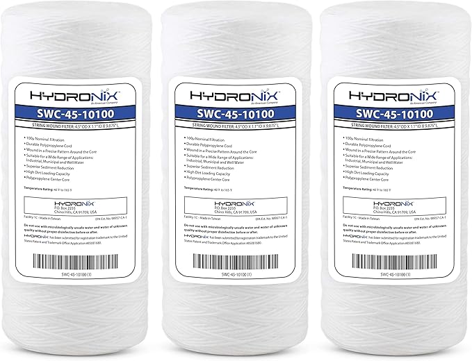 Hydronix HX-SWC-45-10100/3 Universal Whole House Sediment String Wound Water Filter Cartridge 4.5" x 10", 100 micron - 3 Pack, White
