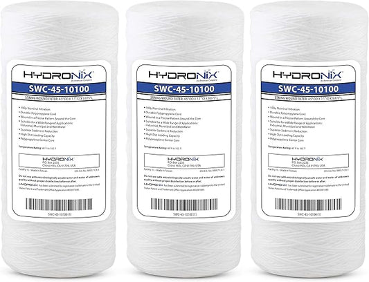 Hydronix HX-SWC-45-10100/3 Universal Whole House Sediment String Wound Water Filter Cartridge 4.5" x 10", 100 micron - 3 Pack, White
