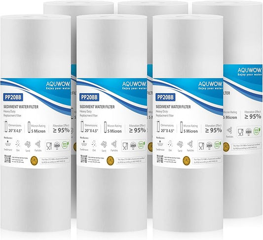 PP20BB 5 Micron 4.5" x 20" Filter Set – Sediment Replacement Cartridges for Whole House Water Filtration Systems, Universal Standard PP Filters (6, 20 x 4.5)