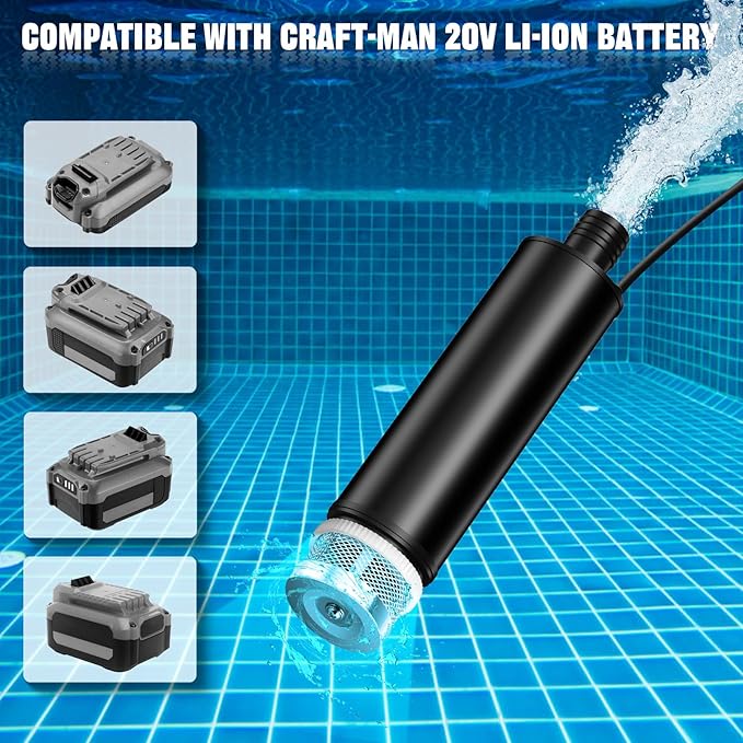 Submersible Water Transfer Pump, Cordless Portable Pump Compatible with Craftsman 20V V20 Battery, 635GPH 100W/120W for Pool Pond Garden Draining & Oil Suction, 16ft Cord (Bare Tool)