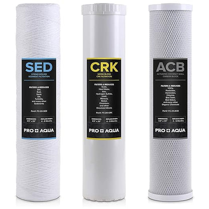 PRO+AQUA Whole House Heavy Metals Well Water Filter Replacement Set - 3 Stage, Sediment, KDF/Blend, Carbon Block - 20", 5 Microns