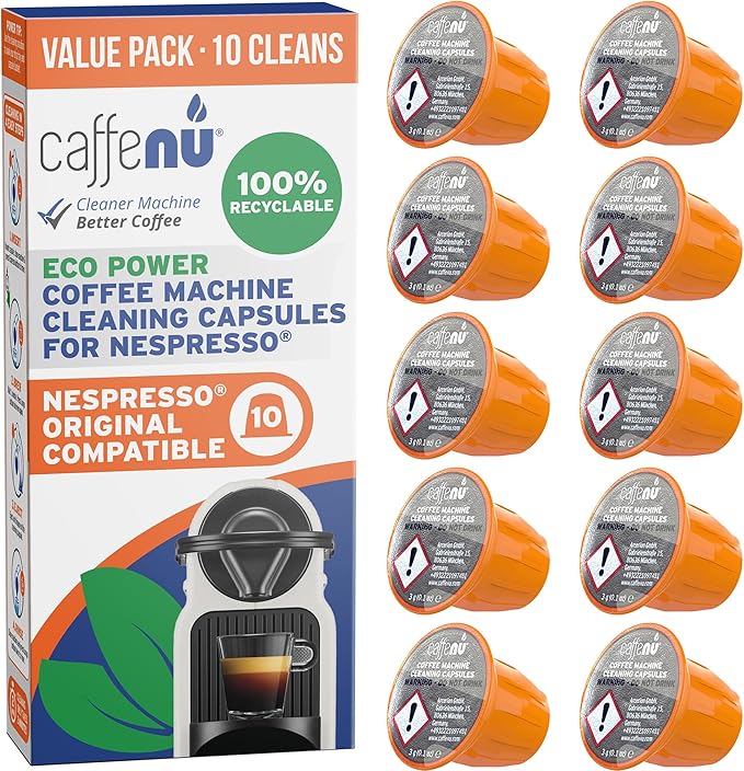 Caffenu Nespresso Compatible Cleaning Pods. 10 Cleaner Capsules. Improved Coffee Flavor. For Nespresso Originaline, Use with Descaling Kit.