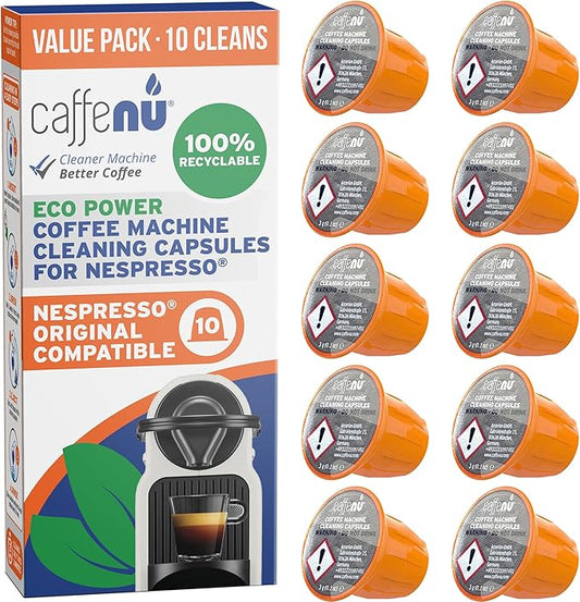 Caffenu Nespresso Compatible Cleaning Pods. 10 Cleaner Capsules. Improved Coffee Flavor. For Nespresso Originaline, Use with Descaling Kit.