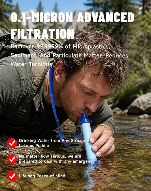 Water Filter, Lightweight Portable Water Filter Straw (1) | Emergency Survival Filtration System, Personal Water Purifier, Includes 480ml Reservoir & Tube, for Hiking, Camping, Travel