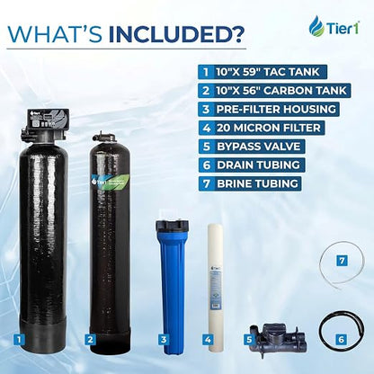Tier1 48,000 Grain Water Softener & Chloramine Reduction Filter | Whole House 3-in-1 with Catalytic Carbon Filtration & Sediment Pre-Filter | Ideal for 3–4 Bathroom Homes | Metered Valve Control