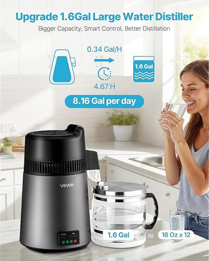 VEVOR Water Distiller, 6L/1.6 Gallon Larger Pure Water Purifier Filter for Home Table Countertop, 900W Glass Pot Distilled Maker, Stainless Steel Interior Drinking Machine to Make Clean Water