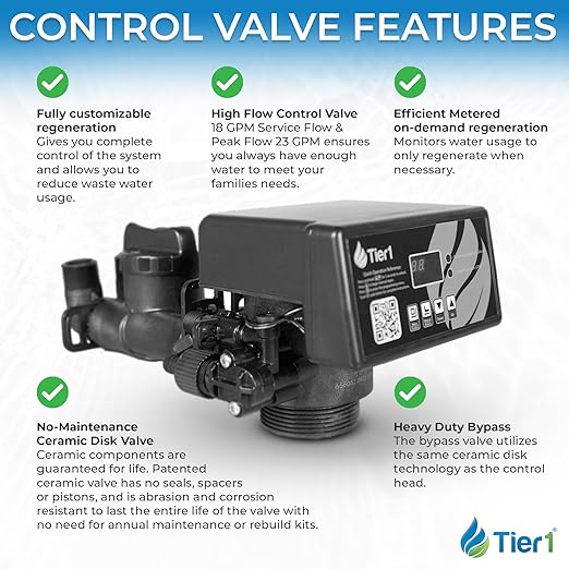 Tier1 Whole House Water Softener System 32000 Grain Capacity | Compact High Efficiency Design with Ceramic Control Valve | Preloaded 1 Cubic Foot Resin Tank | Home Filtration System for 3 to 4 Baths