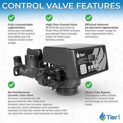 Tier1 Whole House Water Softener System 32000 Grain Capacity | High Efficiency Design with Ceramic Control Valve | Preloaded 1 Cubic Foot Resin Mineral Tank | Home Filtration System for 3 to 4 Baths