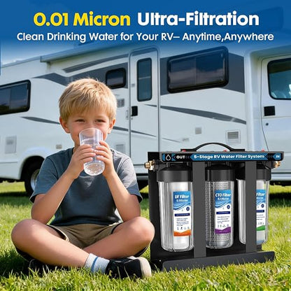 RV Water Filter System,0.01 Micron Camper Water Filter System, 5-Stage RV Water Filtration System Reduces Sediments, Chlorine, Vocs, Heavy Metals, Odors for Travel Trailers, Boats, 1" Inlet/Outlet
