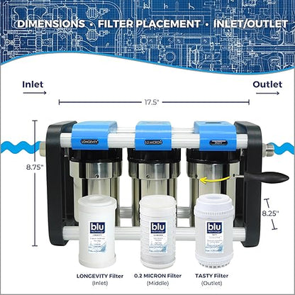 GoBluTech R3, RV Water Filter System, 0.2 Micron Filter for Campers with Compact 5-inch Filters, 3 Stage Premium Filtration System, for RVs, Vans, and Boats - US Veteran Owned