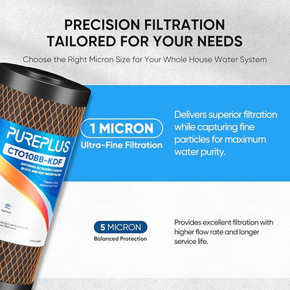PUREPLUS 1 Micron 10" x 4.5" Whole House Coconut Shell Activated Carbon and KDF Water Filter, Heavy Metal Removal Replacement Water Filter, Compatible with GXWH40L, GXWH35F, BB10, CTO10BB-KDF, 2 PACK