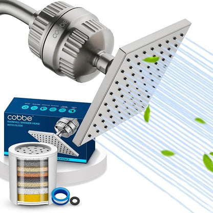 Cobbe High Pressure Filtered Shower Head Combo, Rain Shower Head with 20 Stage Shower Head Filter for Hard Water - Adjustable Replacement Remove Chlorine and Harmful Substances, Brushed Nickel