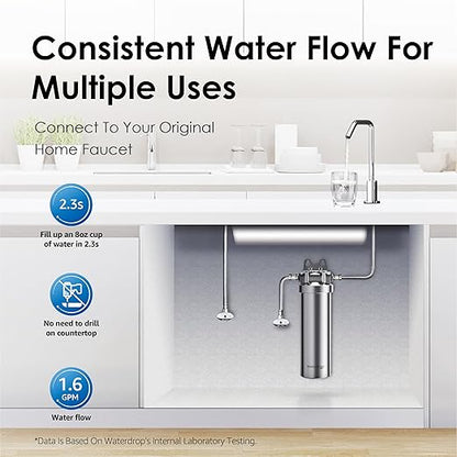 Waterdrop AMS08 Under Sink Water Filter System, 8,000 Gallons, 24-Month Long Life, Reduces Chlorine, Bad Taste & Odor, Stainless Steel Under Sink Water Filtration System