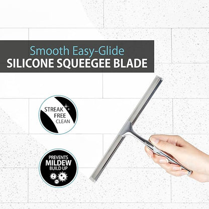 Better Living Deluxe Shower Squeegee, Multi-Purpose Silicone Squeegee Blade with Storage Hook, Rust-Proof Heavy Duty Window, Glass Shower Door Scrubber, Windshield Wiper, 10", Chrome