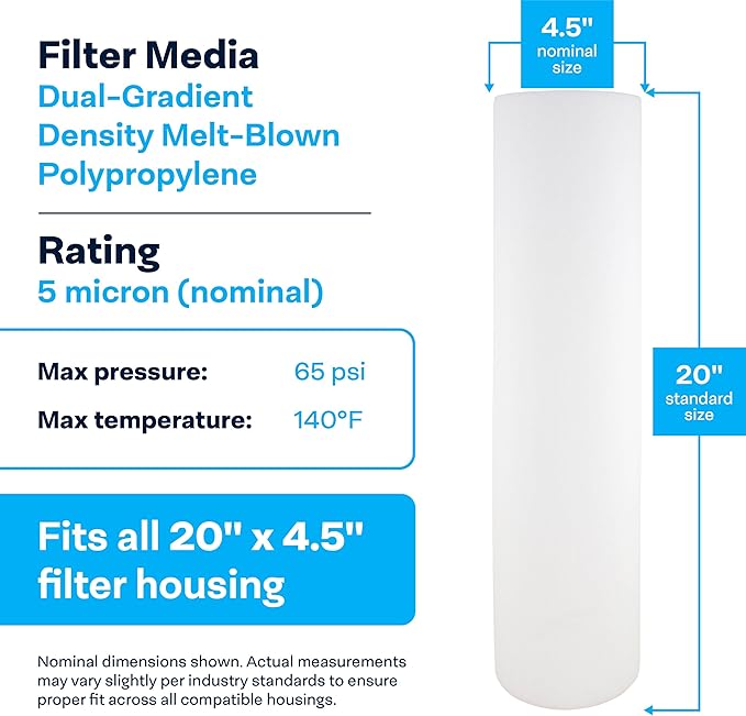 SpiroPure SP-DD-5005-20BB 20x4.5 BB 5 Micron Spun Melt-Blown Polypropylene Water Filter Cartridge SDC-45-2005 DGD-5005-20 155358-43 (Case of 6)