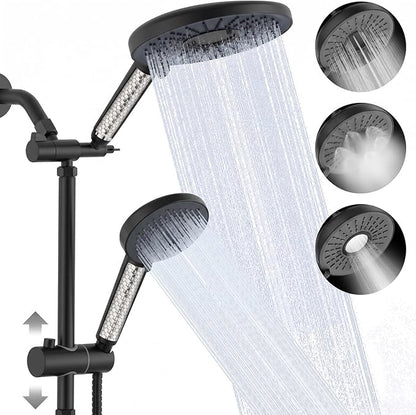 Filtered Shower Head with Handheld Shower Head High Pressure Rainfall System with Slide Bar Dual Filter Softener for Hard Water,6 Spray Modes,Adjustable Height,Black