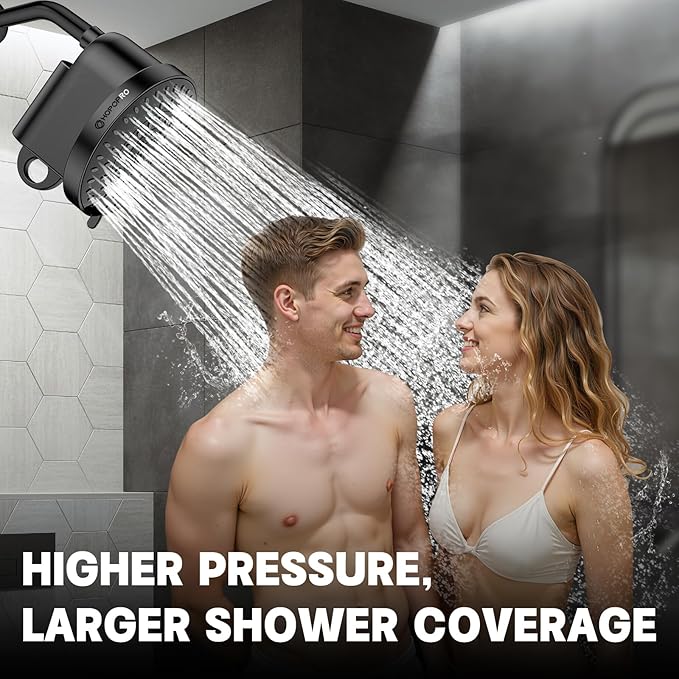 High Flow Filtered Shower Head, HOPOPRO 5 Modes High Pressure Fixed Showerhead with NSF Certified Filter Replacement Cartridge, Remove 99% Chlorine, Improves Skin Hair Condition (6 Inch Black)