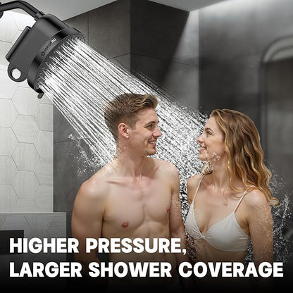 High Flow Filtered Shower Head, HOPOPRO 5 Modes High Pressure Fixed Showerhead with NSF Certified Filter Replacement Cartridge, Remove 99% Chlorine, Improves Skin Hair Condition (6 Inch Black)