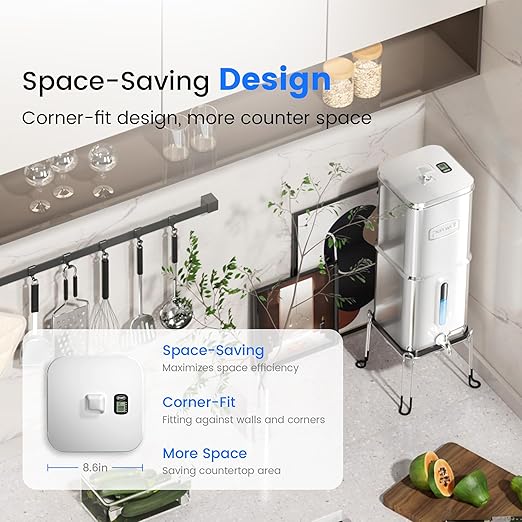 Purewell 5-Stage Filtration Alkaline-Enhanced Gravity Water Filter System with Water Level Window & Smart Timer, Certified to Reduce Lead, Total PFAS, Mercury, and Chlorine, Up to pH 9, SQH-2.25G
