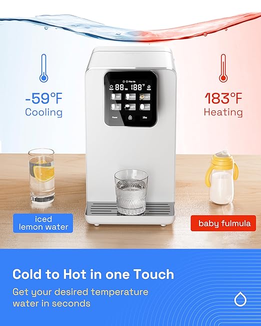 HBN Hot & Cold Countertop Reverse Osmosis Water Filter System, 6 Temp Options, Dual Filters PAC+ROC, Touch Control, for Home Kitchen or Office Use