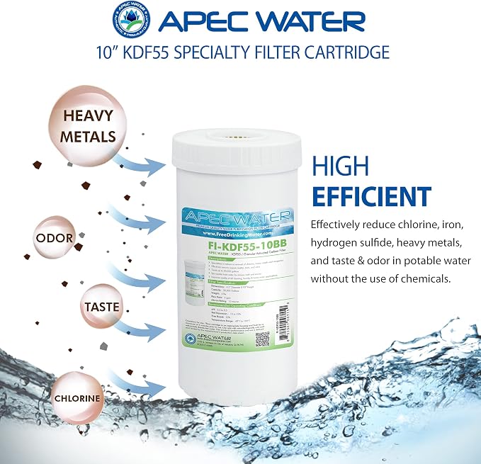 APEC Water FI-KDF55-10BB GAC Carbon Water Filter Whole House Replacement Cartridge; Heavy Metals, Chlorine & Bacteria Reduction, 4.5" x 10"