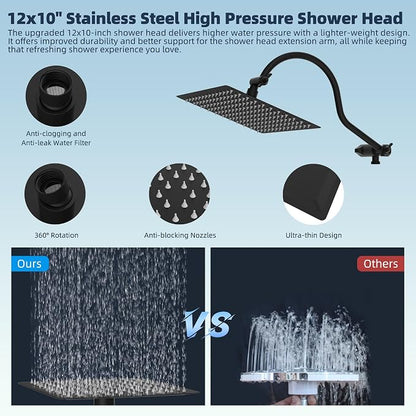 Hibbent 12'' All Metal CUPC Certified Shower Head, High Pressure Rainfall Shower Head, Handheld Showerhead Combo, 12'' Adjustable Extension Arm, 10-Spray, 71'' Hose, Showerhead Holder, Matte Black