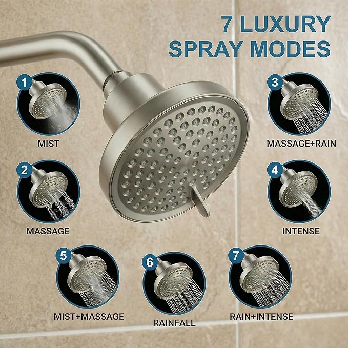 Fixed Shower Head ＆ Filter COMBO ! Anti - Chlorine Hard Water Filtered Shower Heads- 7 Sprays High Pressure Showerheads with 25 Stage Filtration (Brushed Nickel)