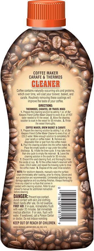 Bar Keepers Friend Coffee Maker Cleaner + Descaler (2 x 12 oz) Removes Stains & Oily Residue from Espresso Machines, Carafes, Thermos, Drip Coffee Pots, Single-Cup Coffee Makers & More