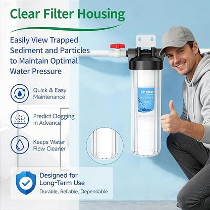 Whole House Water Filter Housing, Includes 1 Pack PP Sediment Filter, 20"x4.5" Transparent Housing with 1" NPT, 2 Valves, Reduces Sediment, Rust and Dirt, Pre-Filtration System for City & Well Water