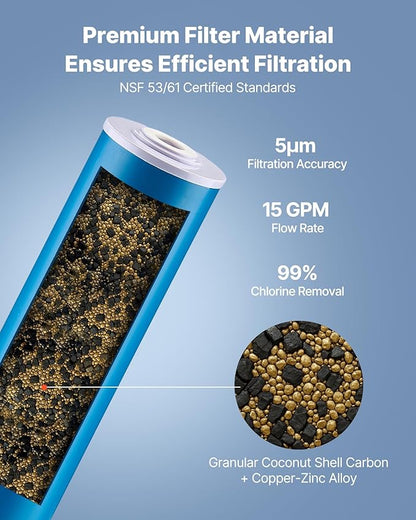 VEVOR KDF Whole House Water Filter, 20 x 4.5 Inch Universal Fit Cartridge, 100,000 Gal Capacity, Coconut Shell GAC + Copper Zinc Alloy, Reduces Heavy Metals, Chlorine, Bad Taste & Odor