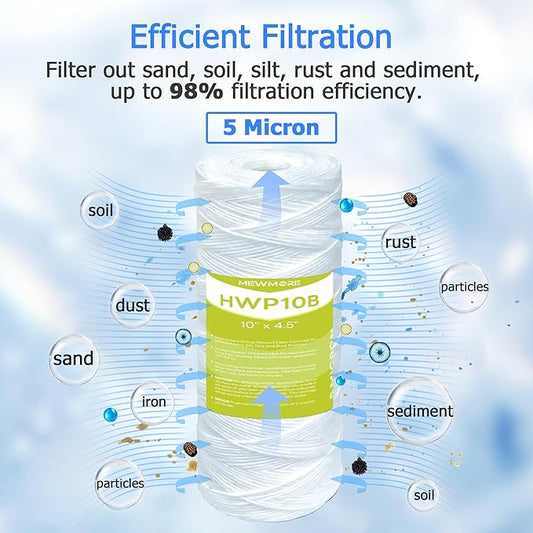 5 Micron Whole House Water Filter Cartridge, String Wound Sediment Filters for Well Water, Replacement for 84637, WPX5BB97P, WP10BB97P, 355215-45 - 10" x 4.5" Cartridges - Pack of 4
